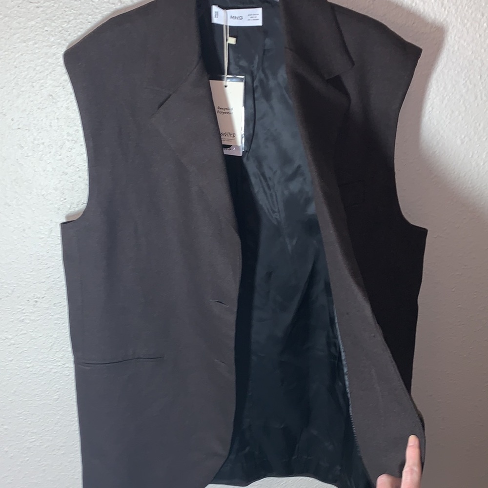 MNG brown oversized long 2 button Vest Sz M formal 90’s classic faux pockets NWT - Picture 9 of 17